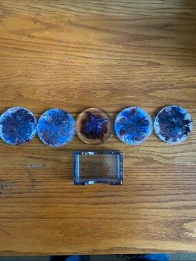 Handmade Mixed Media Blue Floral Resin Coaster and Tray Set